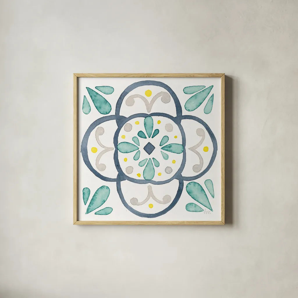 Garden Getaway Tile VII White by Laura Marshall. Shown in a natural wood glass frame for a timeless modern aesthetic. Available as an archival giclee rolled canvas, fine art paper, or poster print. SKU 34477a.