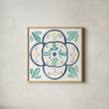 Garden Getaway Tile VII White by Laura Marshall. Shown in a natural wood glass frame for a timeless modern aesthetic. Available as an archival giclee rolled canvas, fine art paper, or poster print. SKU 34477a.