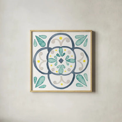 Garden Getaway Tile VII White by Laura Marshall. Shown in a natural wood glass frame for a timeless modern aesthetic. Available as an archival giclee rolled canvas, fine art paper, or poster print. SKU 34477a.