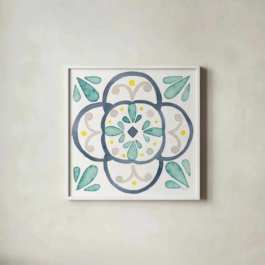 Garden Getaway Tile VII White by Laura Marshall. Shown in a crisp white glass frame for a clean and minimalist style. Available as an archival giclee rolled canvas, fine art paper, or poster print. SKU 34477a.