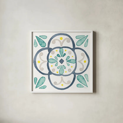 Garden Getaway Tile VII White by Laura Marshall. Shown in a crisp white glass frame for a clean and minimalist style. Available as an archival giclee rolled canvas, fine art paper, or poster print. SKU 34477a.