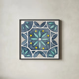 Garden Getaway Tile VIII Blue by Laura Marshall. Shown in a sleek black glass frame for a contemporary gallery look. Available as an archival giclee rolled canvas, fine art paper, or poster print. SKU 34460a.