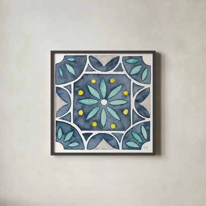 Garden Getaway Tile VIII Blue by Laura Marshall. Shown in a sleek black glass frame for a contemporary gallery look. Available as an archival giclee rolled canvas, fine art paper, or poster print. SKU 34460a.