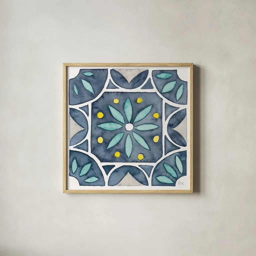Garden Getaway Tile VIII Blue by Laura Marshall. Shown in a natural wood glass frame for a timeless modern aesthetic. Available as an archival giclee rolled canvas, fine art paper, or poster print. SKU 34460a.