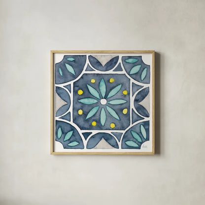 Garden Getaway Tile VIII Blue by Laura Marshall. Shown in a natural wood glass frame for a timeless modern aesthetic. Available as an archival giclee rolled canvas, fine art paper, or poster print. SKU 34460a.