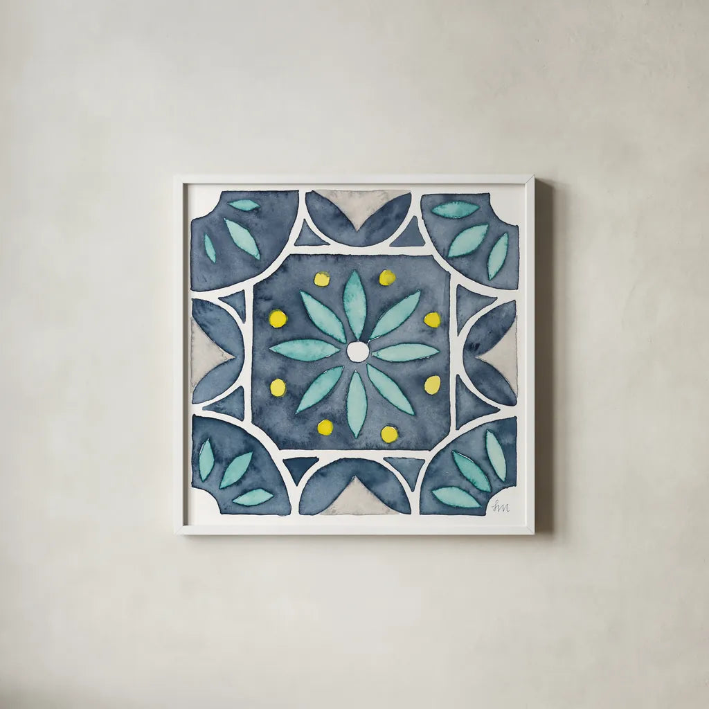 Garden Getaway Tile VIII Blue by Laura Marshall. Shown in a crisp white glass frame for a clean and minimalist style. Available as an archival giclee rolled canvas, fine art paper, or poster print. SKU 34460a.