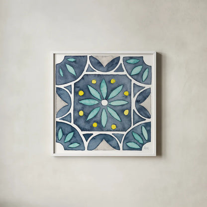 Garden Getaway Tile VIII Blue by Laura Marshall. Shown in a crisp white glass frame for a clean and minimalist style. Available as an archival giclee rolled canvas, fine art paper, or poster print. SKU 34460a.