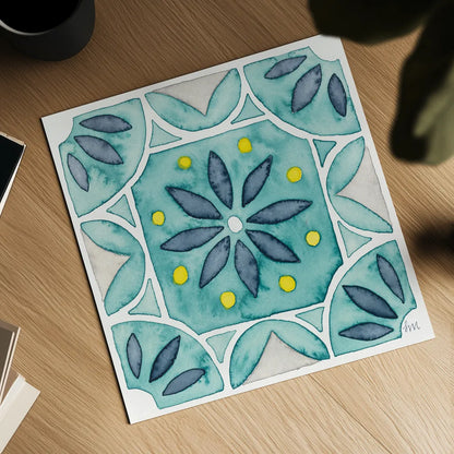 Garden Getaway Tile VIII Teal by Laura Marshall. Shown as a detailed flat fine art print, highlighting archival giclee quality. Available as an archival giclee rolled canvas, fine art paper, or poster print. SKU 34469a.