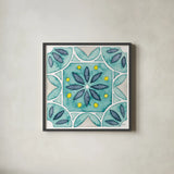 Garden Getaway Tile VIII Teal by Laura Marshall. Shown in a sleek black glass frame for a contemporary gallery look. Available as an archival giclee rolled canvas, fine art paper, or poster print. SKU 34469a.