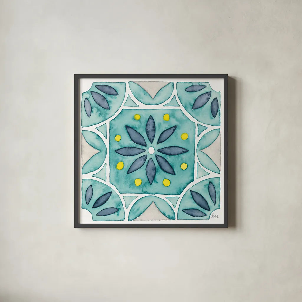 Garden Getaway Tile VIII Teal by Laura Marshall. Shown in a sleek black glass frame for a contemporary gallery look. Available as an archival giclee rolled canvas, fine art paper, or poster print. SKU 34469a.