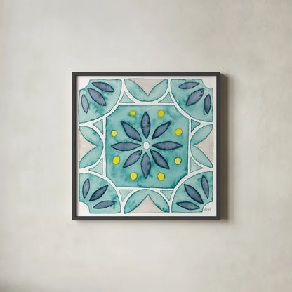 Garden Getaway Tile VIII Teal by Laura Marshall. Shown in a sleek black glass frame for a contemporary gallery look. Available as an archival giclee rolled canvas, fine art paper, or poster print. SKU 34469a.