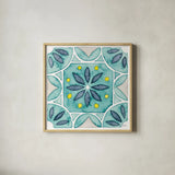 Garden Getaway Tile VIII Teal by Laura Marshall. Shown in a natural wood glass frame for a timeless modern aesthetic. Available as an archival giclee rolled canvas, fine art paper, or poster print. SKU 34469a.