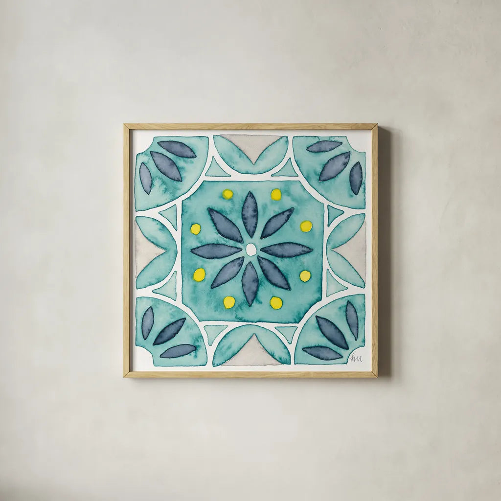Garden Getaway Tile VIII Teal by Laura Marshall. Shown in a natural wood glass frame for a timeless modern aesthetic. Available as an archival giclee rolled canvas, fine art paper, or poster print. SKU 34469a.