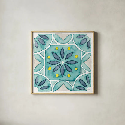 Garden Getaway Tile VIII Teal by Laura Marshall. Shown in a natural wood glass frame for a timeless modern aesthetic. Available as an archival giclee rolled canvas, fine art paper, or poster print. SKU 34469a.