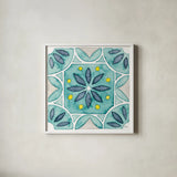 Garden Getaway Tile VIII Teal by Laura Marshall. Shown in a crisp white glass frame for a clean and minimalist style. Available as an archival giclee rolled canvas, fine art paper, or poster print. SKU 34469a.