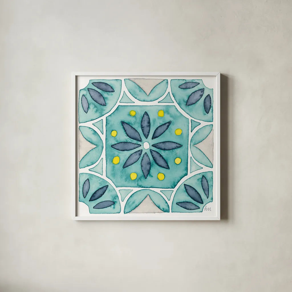 Garden Getaway Tile VIII Teal by Laura Marshall. Shown in a crisp white glass frame for a clean and minimalist style. Available as an archival giclee rolled canvas, fine art paper, or poster print. SKU 34469a.