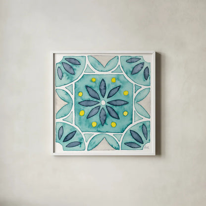 Garden Getaway Tile VIII Teal by Laura Marshall. Shown in a crisp white glass frame for a clean and minimalist style. Available as an archival giclee rolled canvas, fine art paper, or poster print. SKU 34469a.