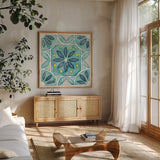 Garden Getaway Tile VIII Teal by Laura Marshall. Shown in a natural wood frame in a cozy modern living room. Available as an archival giclee rolled canvas, fine art paper, or poster print. SKU 34469a.