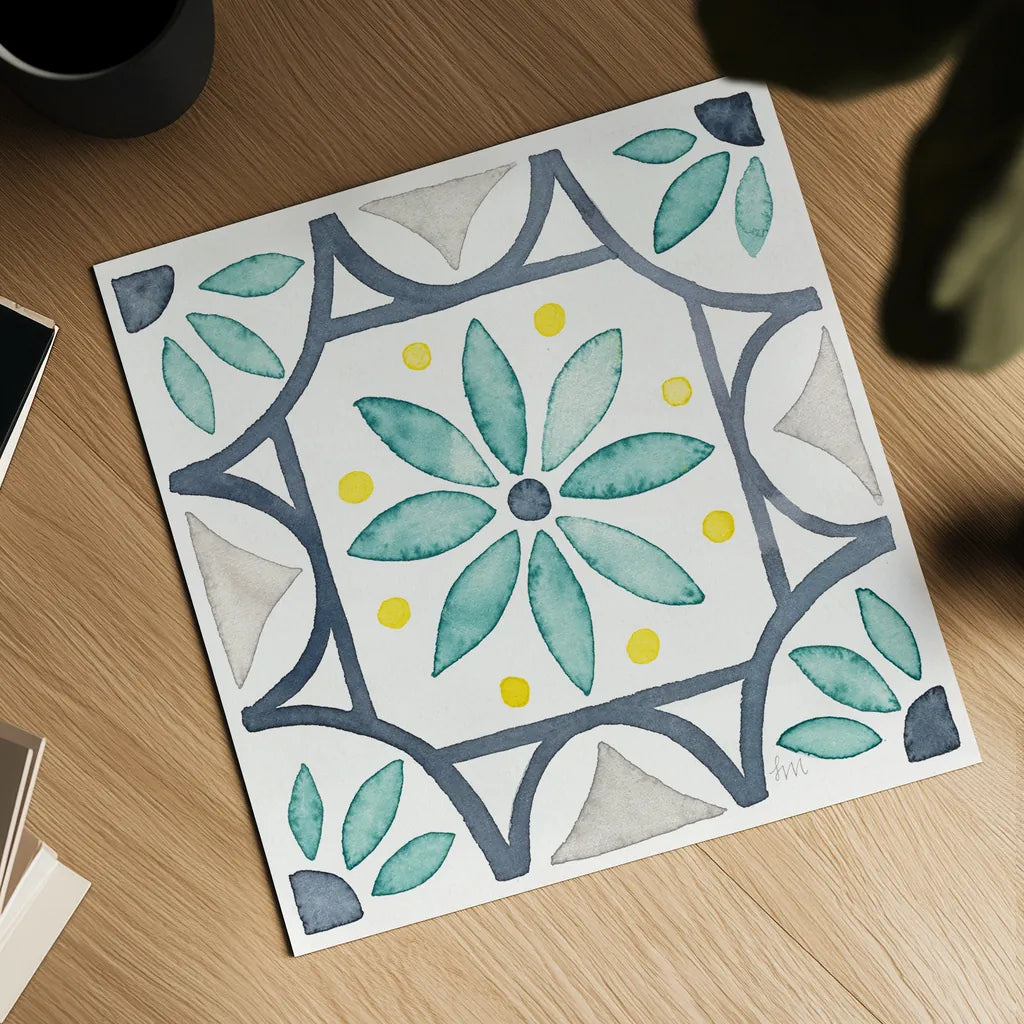 Garden Getaway Tile VIII White by Laura Marshall. Shown as a detailed flat fine art print, highlighting archival giclee quality. Available as an archival giclee rolled canvas, fine art paper, or poster print. SKU 34478a.