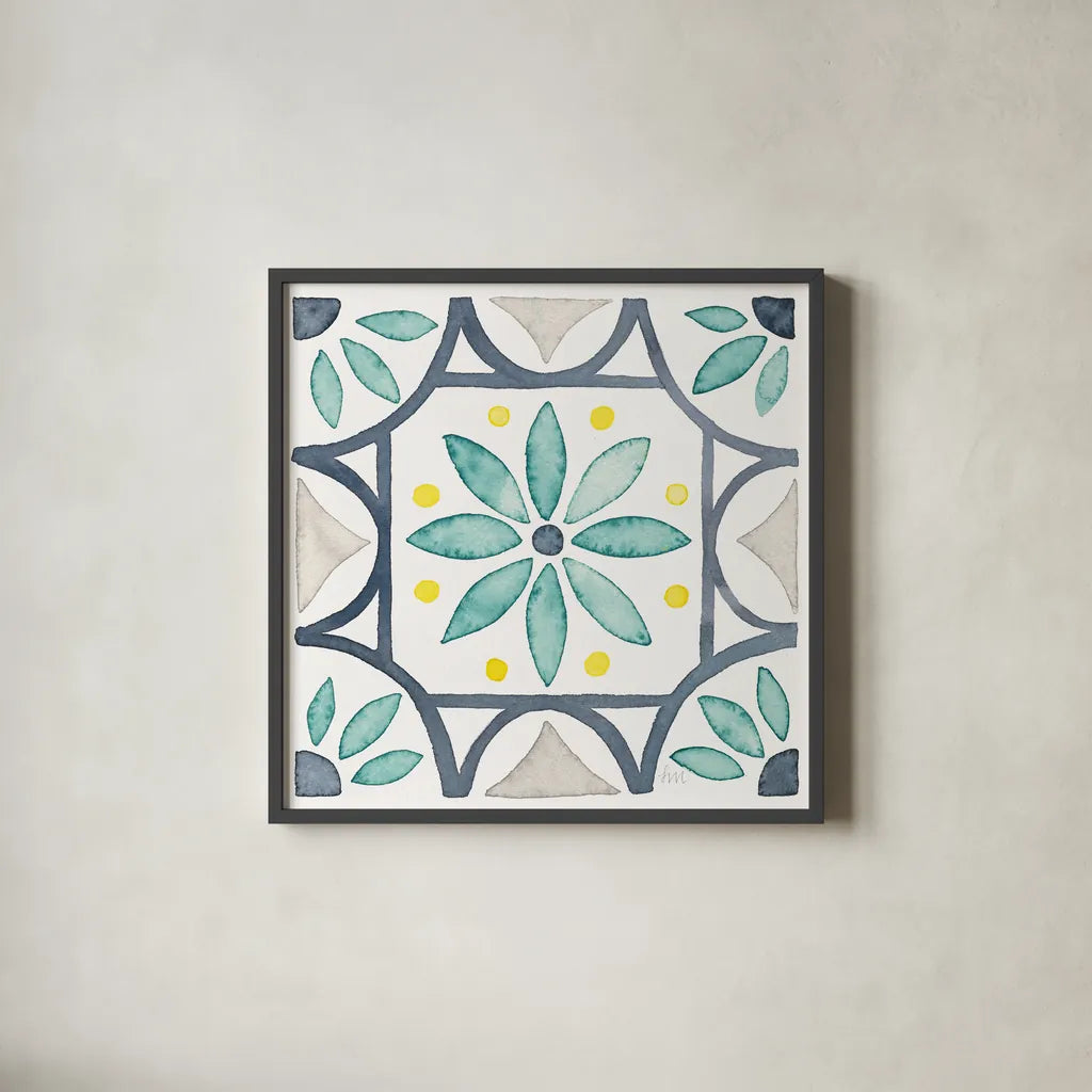 Garden Getaway Tile VIII White by Laura Marshall. Shown in a sleek black glass frame for a contemporary gallery look. Available as an archival giclee rolled canvas, fine art paper, or poster print. SKU 34478a.