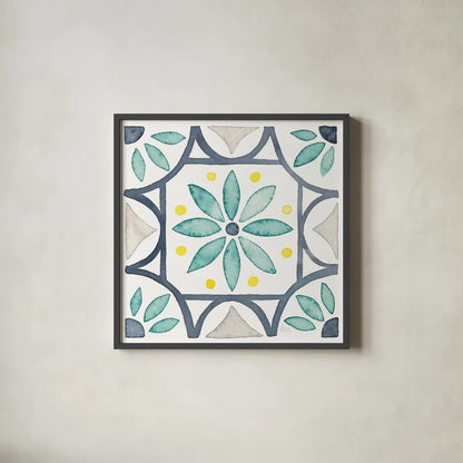 Garden Getaway Tile VIII White by Laura Marshall. Shown in a sleek black glass frame for a contemporary gallery look. Available as an archival giclee rolled canvas, fine art paper, or poster print. SKU 34478a.