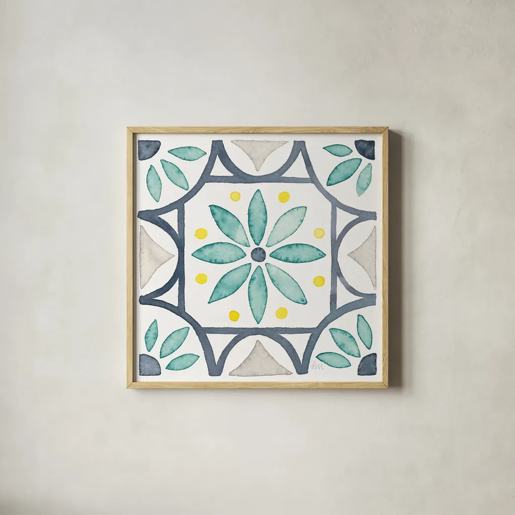 Garden Getaway Tile VIII White by Laura Marshall. Shown in a natural wood glass frame for a timeless modern aesthetic. Available as an archival giclee rolled canvas, fine art paper, or poster print. SKU 34478a.
