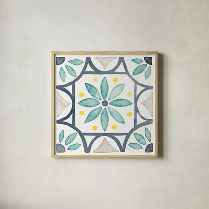 Garden Getaway Tile VIII White by Laura Marshall. Shown in a natural wood glass frame for a timeless modern aesthetic. Available as an archival giclee rolled canvas, fine art paper, or poster print. SKU 34478a.