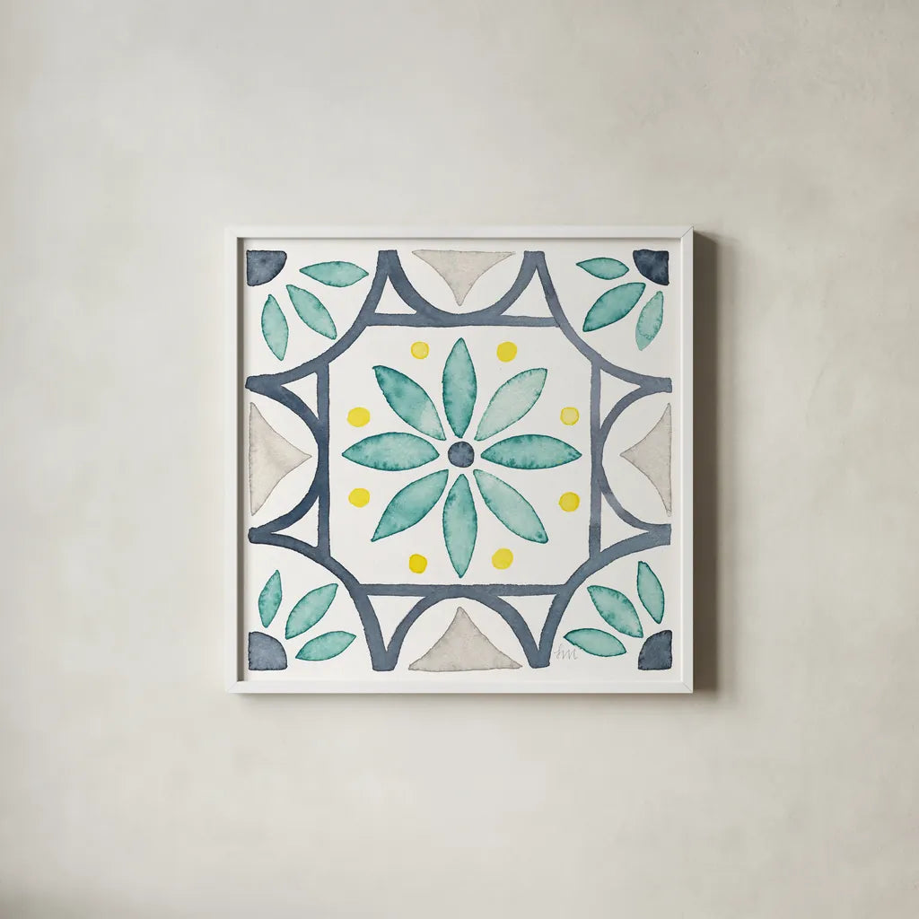 Garden Getaway Tile VIII White by Laura Marshall. Shown in a crisp white glass frame for a clean and minimalist style. Available as an archival giclee rolled canvas, fine art paper, or poster print. SKU 34478a.