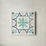 Garden Getaway Tile VIII White by Laura Marshall. Shown in a crisp white glass frame for a clean and minimalist style. Available as an archival giclee rolled canvas, fine art paper, or poster print. SKU 34478a.