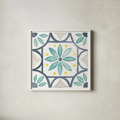 Garden Getaway Tile VIII White by Laura Marshall. Shown in a crisp white glass frame for a clean and minimalist style. Available as an archival giclee rolled canvas, fine art paper, or poster print. SKU 34478a.