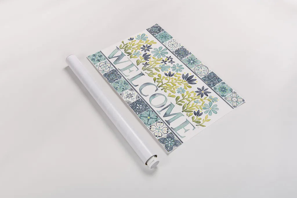 Garden Getaway Welcome by Laura Marshall. shown as a rolled paper print. Available as archival giclee rolled canvas, fine art paper, or poster print. SKU 34480i.