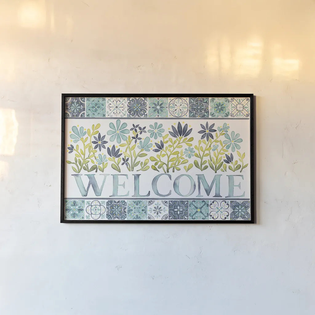 Garden Getaway Welcome by Laura Marshall. shown as a paper print in a black flame. Available as a archival giclee rolled canvas, fine art paper, or poster print. SKU 34480i.