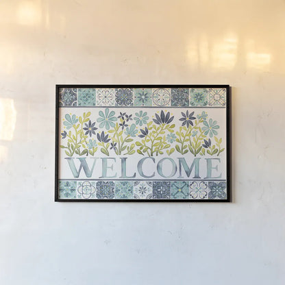 Garden Getaway Welcome by Laura Marshall. shown as a paper print in a black flame. Available as a archival giclee rolled canvas, fine art paper, or poster print. SKU 34480i.