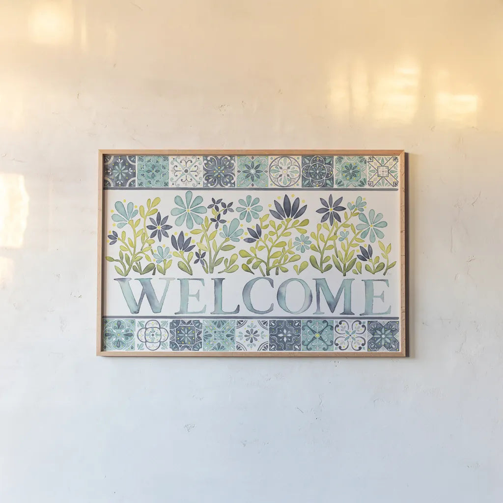 Garden Getaway Welcome by Laura Marshall. shown as a paper print in a natural frame. Available as a archival giclee rolled canvas, fine art paper, or poster print. SKU 34480i.