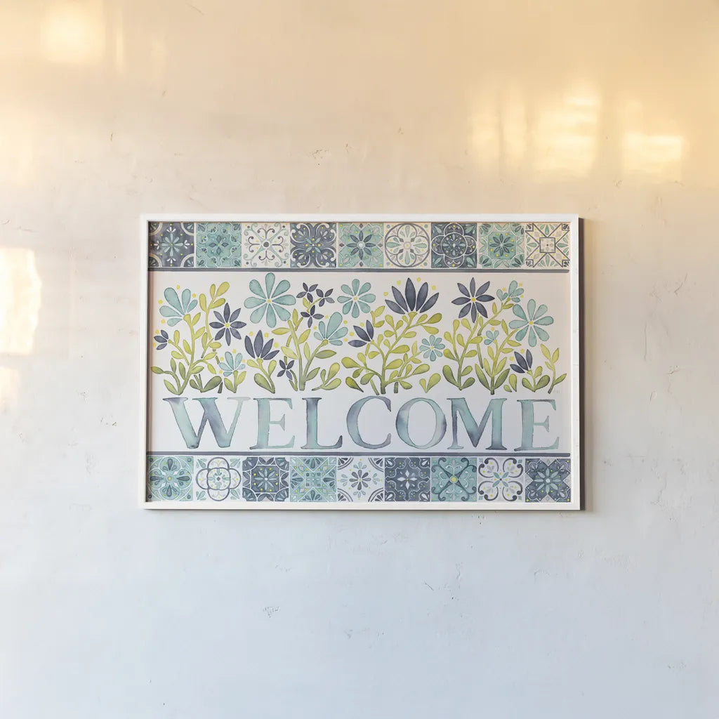 Garden Getaway Welcome by Laura Marshall. shown as a paper print in a white frame. Available as a archival giclee rolled canvas, fine art paper, or poster print. SKU 34480i.