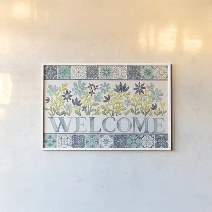 Garden Getaway Welcome by Laura Marshall. shown as a paper print in a white frame. Available as a archival giclee rolled canvas, fine art paper, or poster print. SKU 34480i.