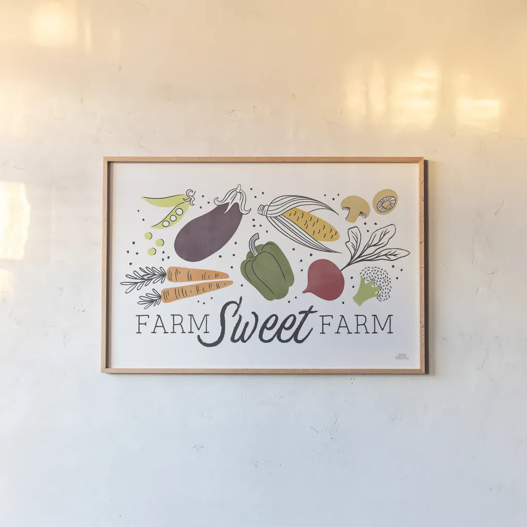 Garden Goodies I by Laura Marshall. shown as a paper print in a natural frame. Available as a archival giclee rolled canvas, fine art paper, or poster print. SKU 76905i.