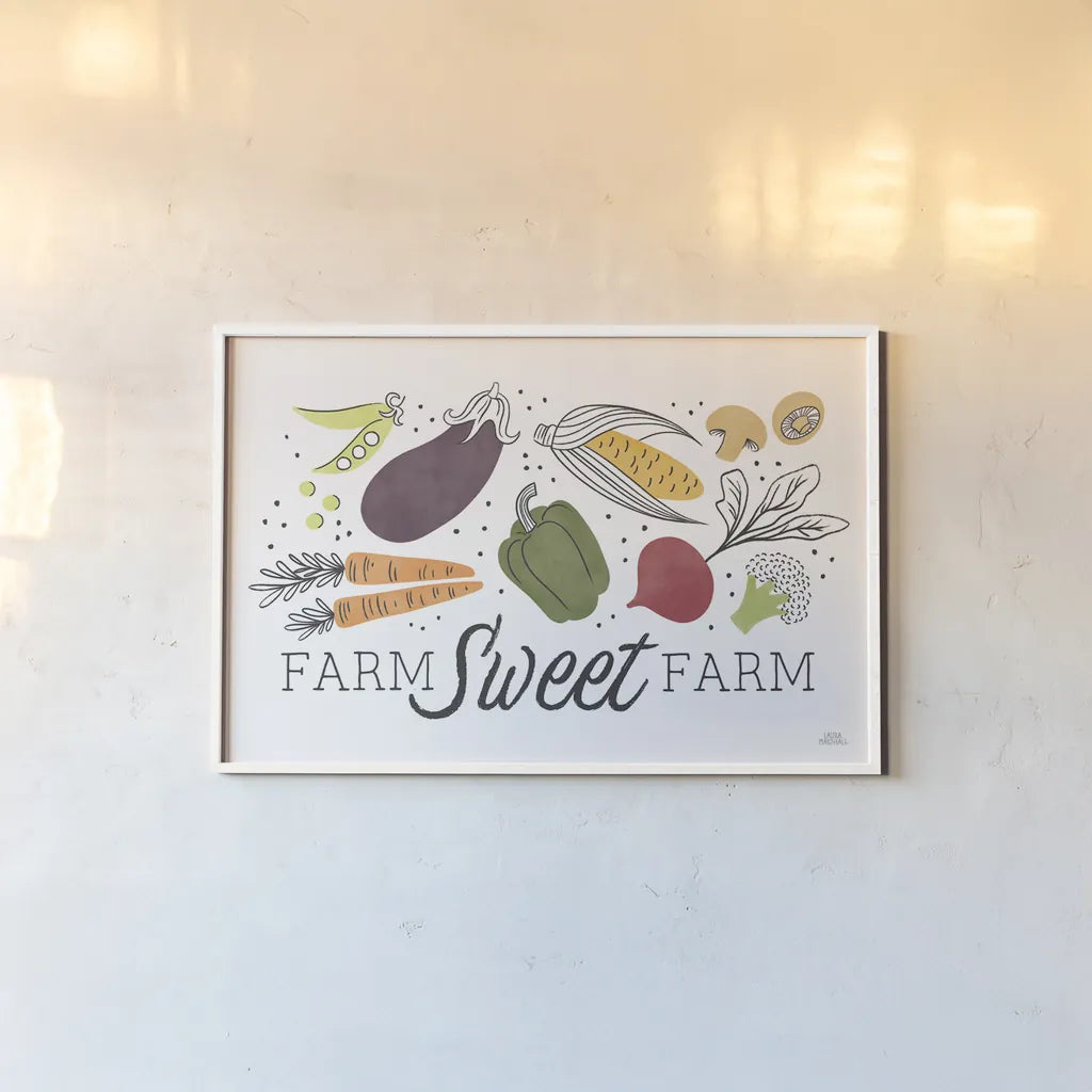 Garden Goodies I by Laura Marshall. shown as a paper print in a white frame. Available as a archival giclee rolled canvas, fine art paper, or poster print. SKU 76905i.