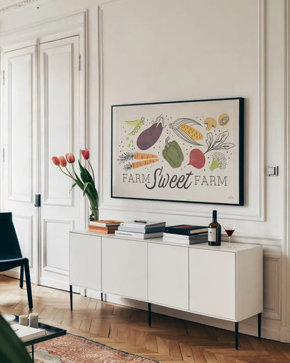 Garden Goodies I Cream by Laura Marshall. shown as a framed stretched canvas in a living room above a console. Available as a archival giclee rolled canvas, fine art paper, or poster print. SKU 77191i.