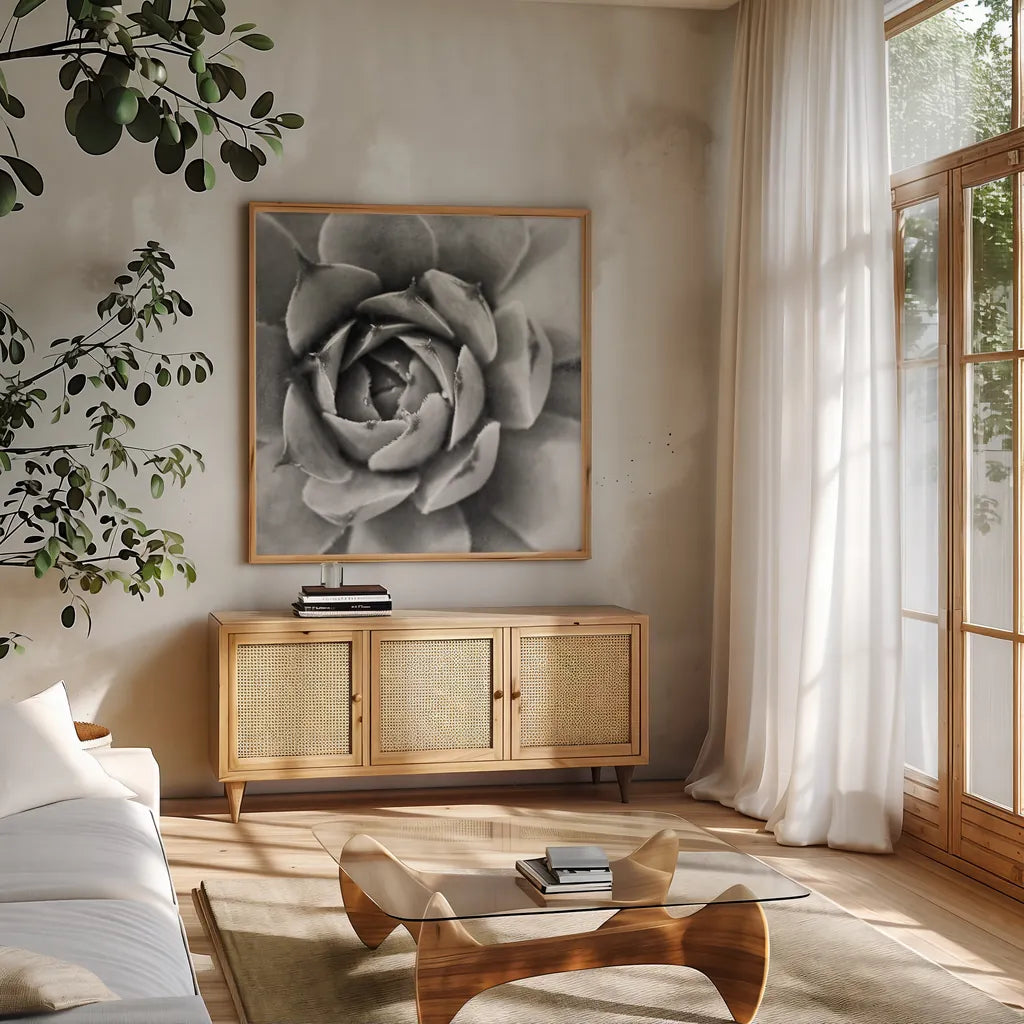 Garden Succulent II by Laura Marshall. Shown in a natural wood frame in a cozy modern living room. Available as an archival giclee rolled canvas, fine art paper, or poster print. SKU 20825a.