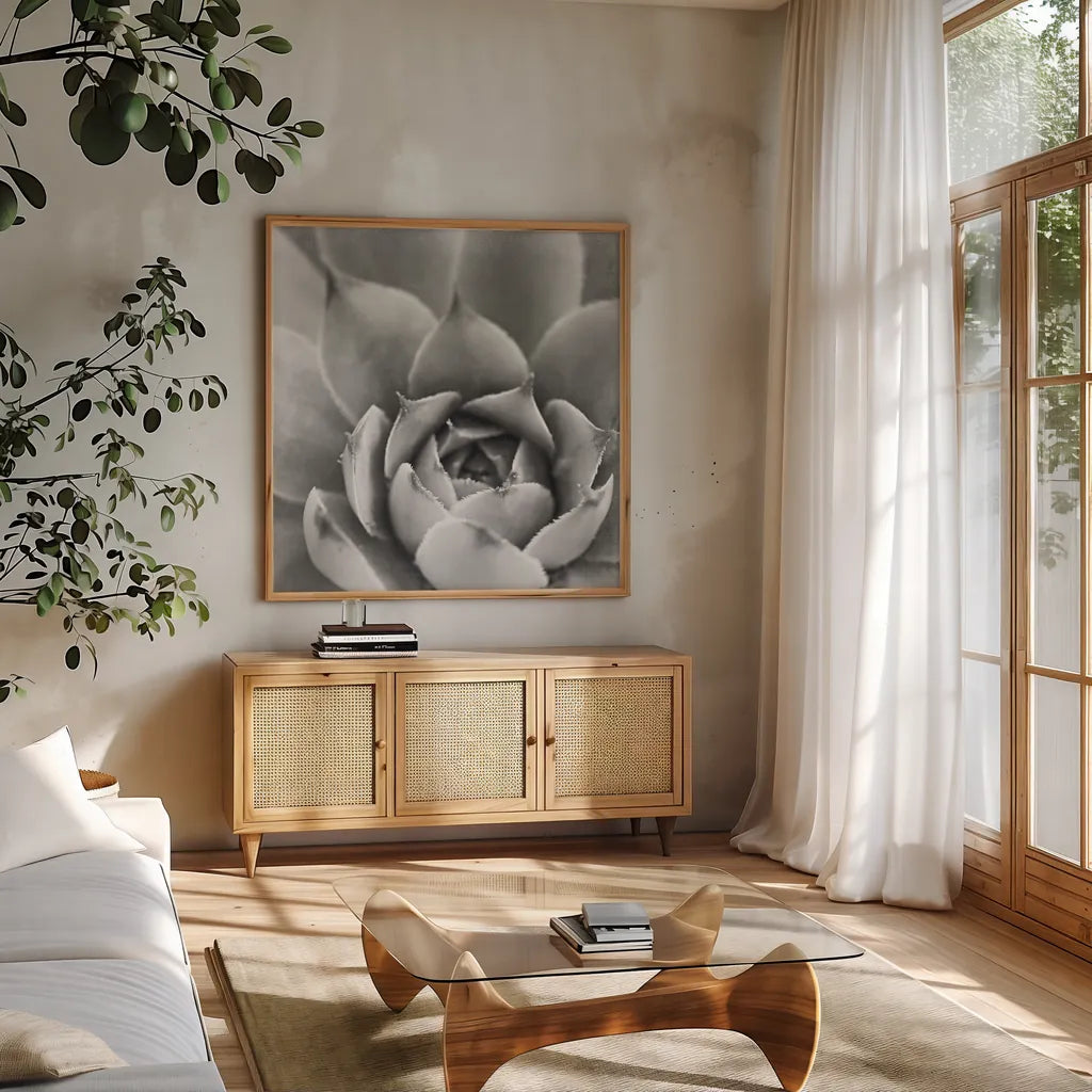 Garden Succulent III by Laura Marshall. Shown in a natural wood frame in a cozy modern living room. Available as an archival giclee rolled canvas, fine art paper, or poster print. SKU 20826a.