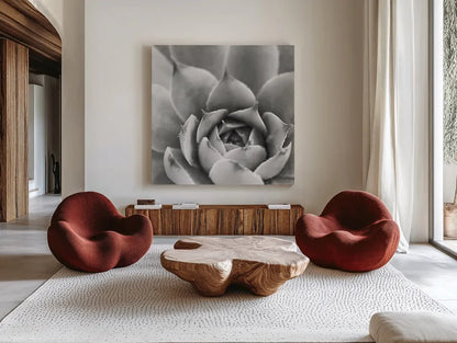 Garden Succulent III by Laura Marshall. Shown as extra-large giant wall art in a modern living room. Available as an archival giclee rolled canvas, fine art paper, or poster print. SKU 20826a.