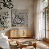Garden Succulent IV by Laura Marshall. Shown in a natural wood frame in a cozy modern living room. Available as an archival giclee rolled canvas, fine art paper, or poster print. SKU 20827a.
