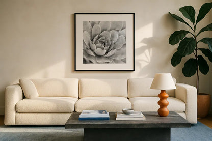 Garden Succulent IV by Laura Marshall. Displayed in a glass frame with matte in a clean modern living room. Available as an archival giclee rolled canvas, fine art paper, or poster print. SKU 20827a.