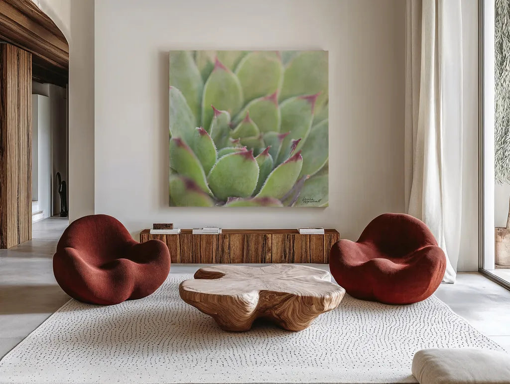 Garden Succulents I Color by Laura Marshall. Shown as extra-large giant wall art in a modern living room. Available as an archival giclee rolled canvas, fine art paper, or poster print. SKU 33277a.