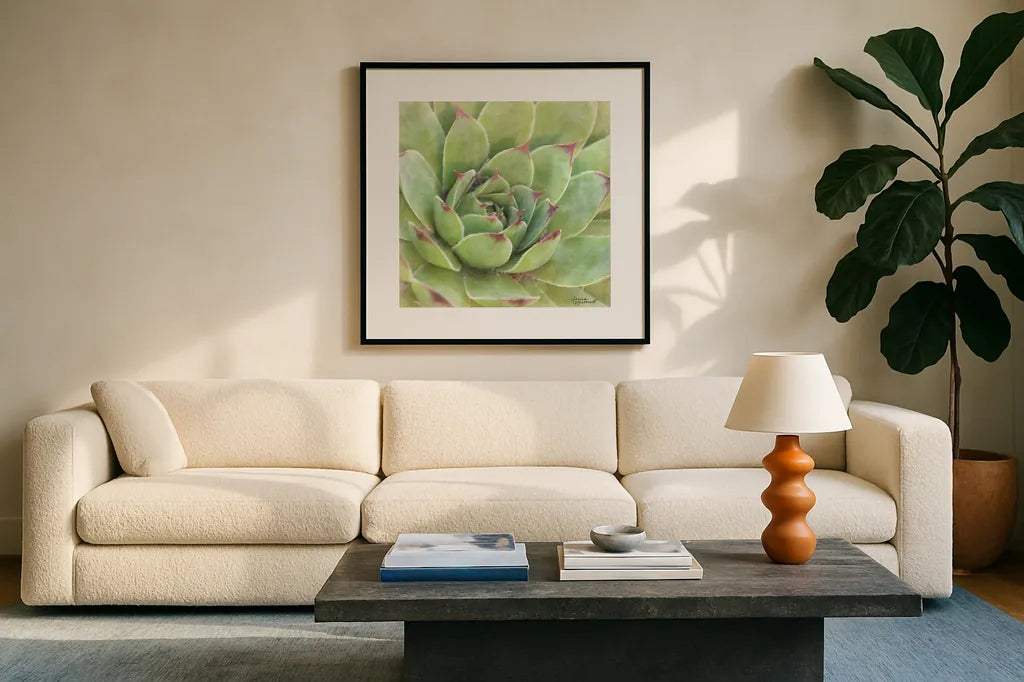 Garden Succulents IV Color by Laura Marshall. Displayed in a glass frame with matte in a clean modern living room. Available as an archival giclee rolled canvas, fine art paper, or poster print. SKU 33280a.