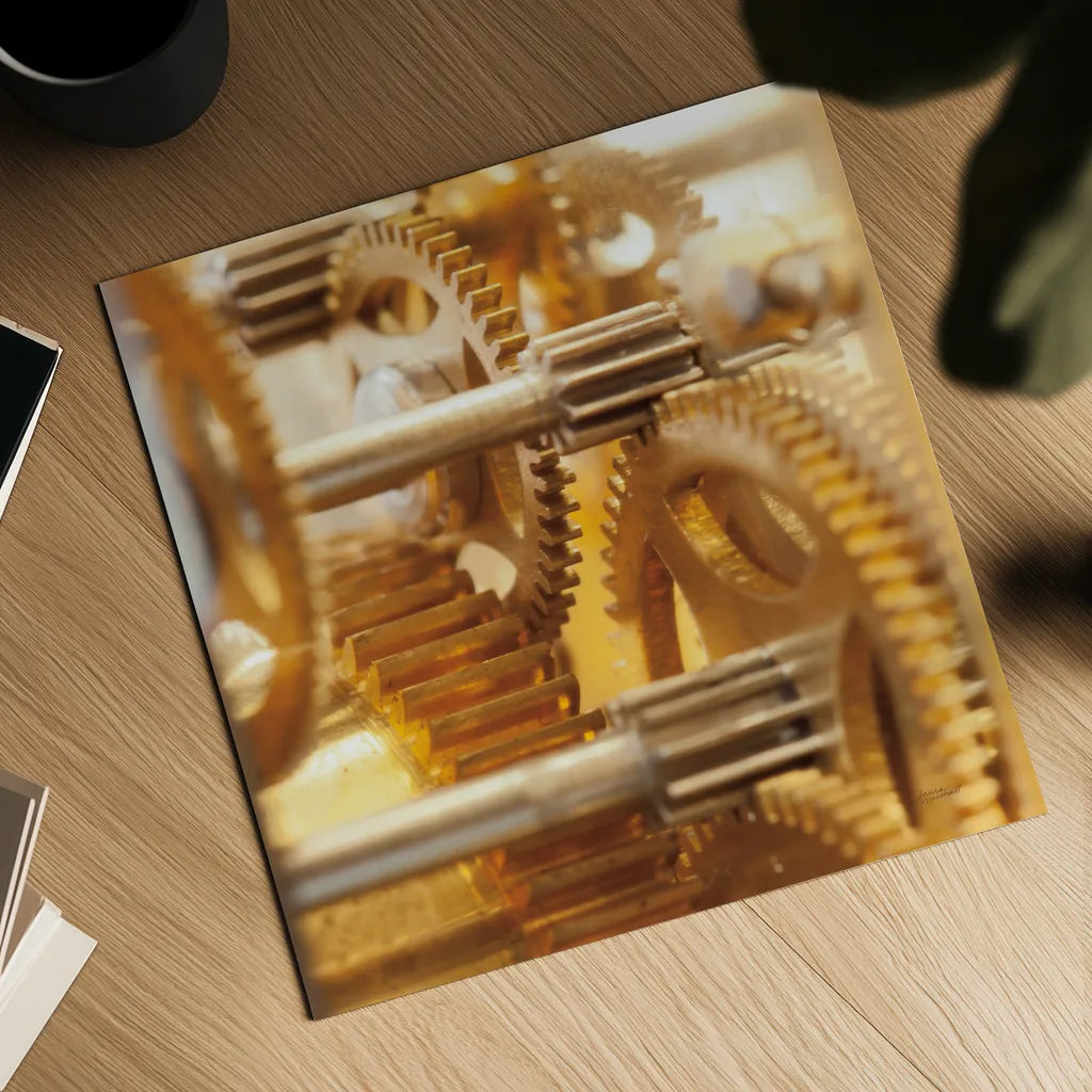 Gilded Gears I by Laura Marshall. Shown as a detailed flat fine art print, highlighting archival giclee quality. Available as an archival giclee rolled canvas, fine art paper, or poster print. SKU 25869a.