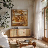 Gilded Gears I by Laura Marshall. Shown in a natural wood frame in a cozy modern living room. Available as an archival giclee rolled canvas, fine art paper, or poster print. SKU 25869a.