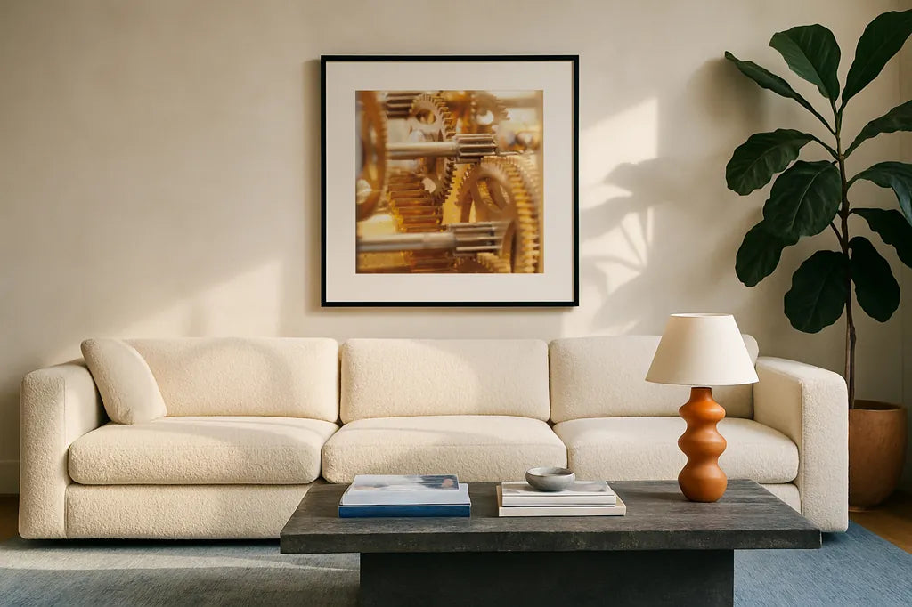 Gilded Gears I by Laura Marshall. Displayed in a glass frame with matte in a clean modern living room. Available as an archival giclee rolled canvas, fine art paper, or poster print. SKU 25869a.