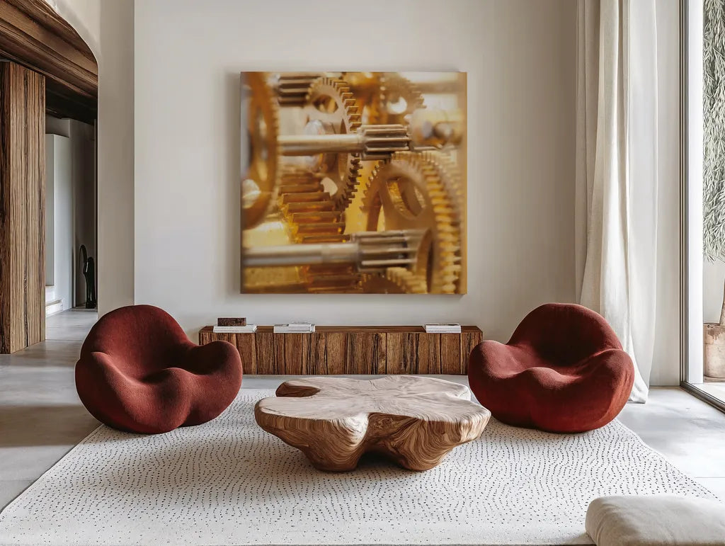 Gilded Gears I by Laura Marshall. Shown as extra-large giant wall art in a modern living room. Available as an archival giclee rolled canvas, fine art paper, or poster print. SKU 25869a.